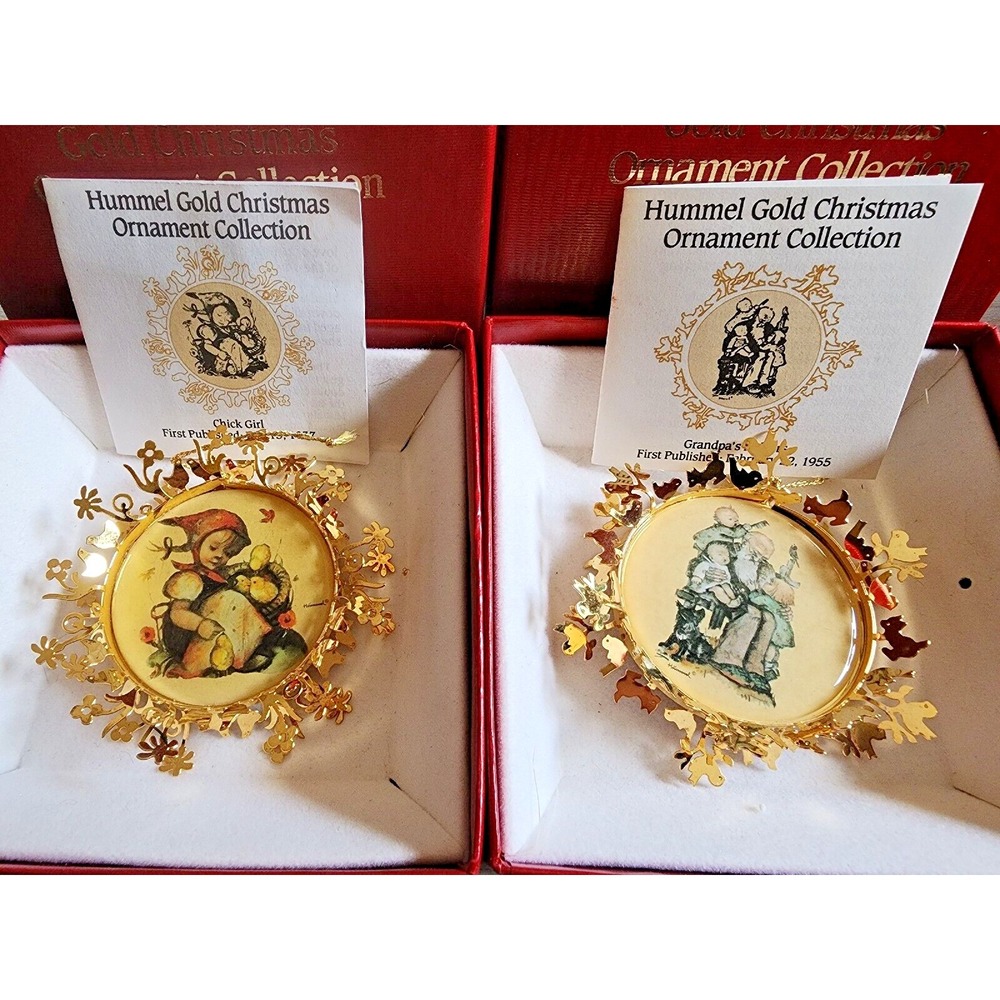 Vintage Hummel Christmas Ornaments Gold Plated Chick girl & Grandpa's Helpers